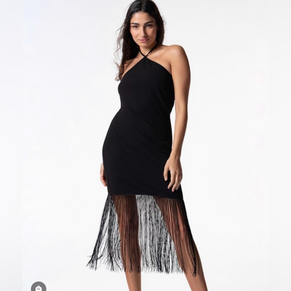 Black Crepe Fringe Dress (size 10) Nicole Miller